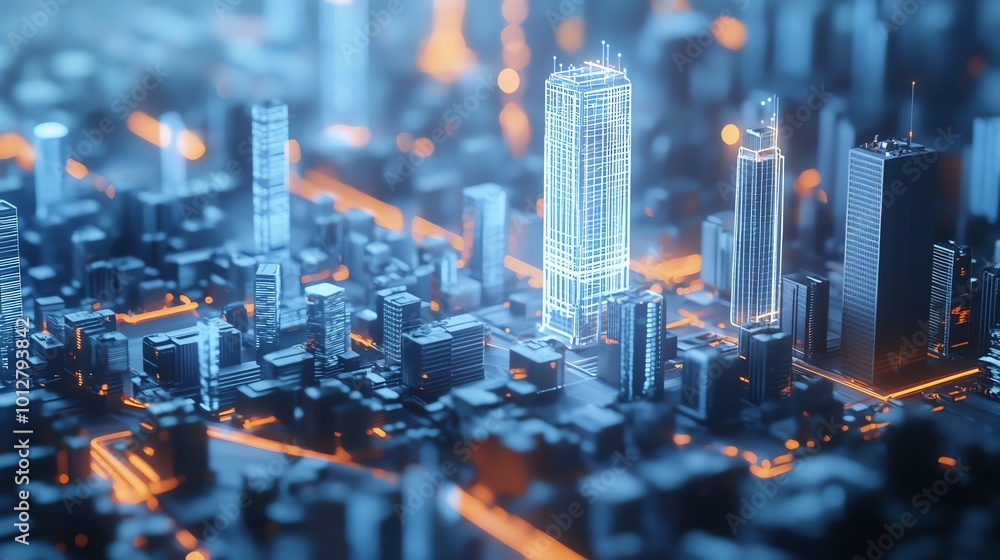Fototapeta premium Futuristic cityscape with glowing skyscrapers.