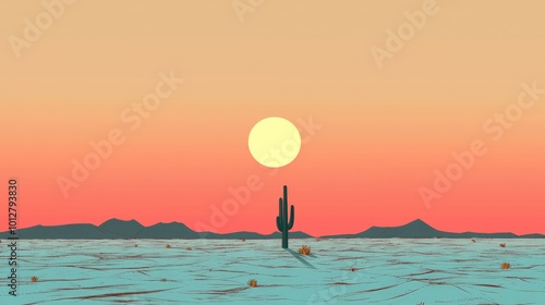 A serene desert landscape featuring a solitary cactus under a vibrant sunset sky, perfect for evoking tranquility and nature's beauty.