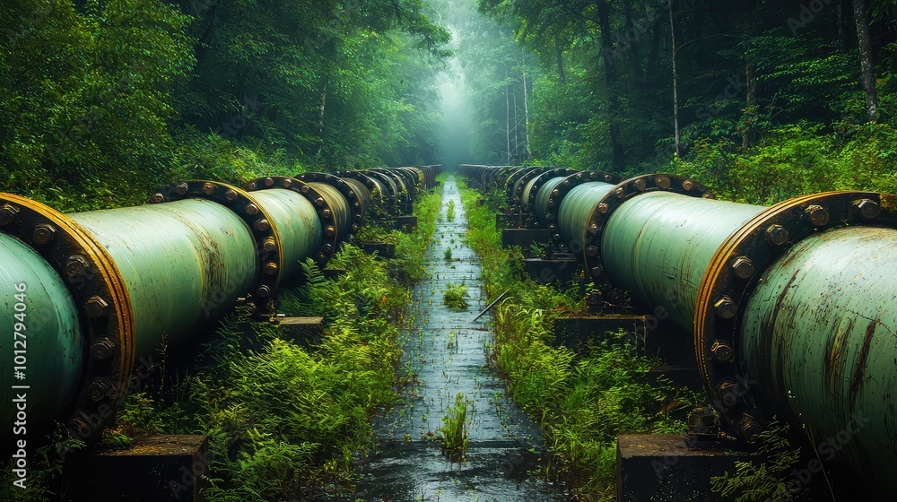 A serene forest landscape featuring large pipes running through lush greenery, capturing the beauty of nature and industrial design. A serene forest landscape featuring large pipes running through lush greenery, capturing the beauty of nature and industrial design.