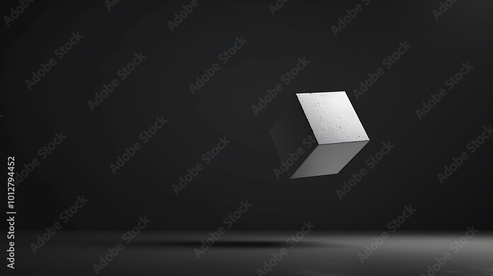 A geometric white cube hovering in the air against a black background, its sharp angles and simple form highlighted by the high contrast. 8k UHD, suitable for high-quality printing or digital A geometric white cube hovering in the air against a black background, its sharp angles and simple form highlighted by the high contrast. 8k UHD, suitable for high-quality printing or digital