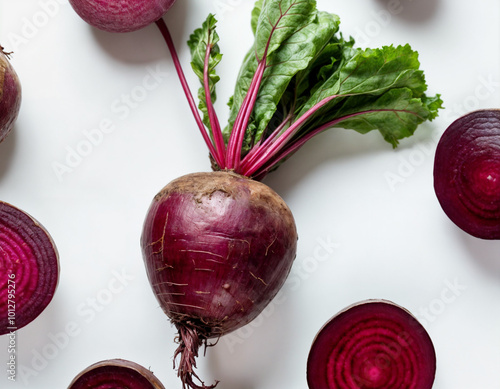 Red beetroot and beetroot cross sectoin isolated on white background. photo