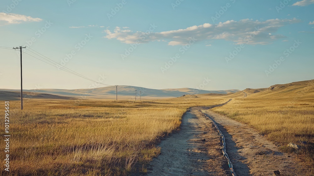 A serene landscape featuring a winding dirt road through golden fields under a clear blue sky, evoking a sense of tranquility.