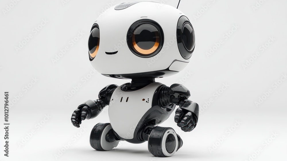 A cute, small robot with a friendly expression and rounded design. A cute, small robot with a friendly expression and rounded design.