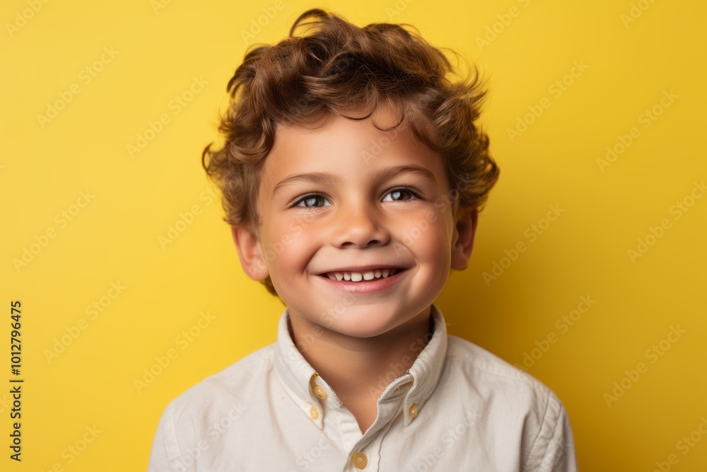 Portrait of a smiling little boy in a white shirt over yellow background Portrait of a smiling little boy in a white shirt over yellow background