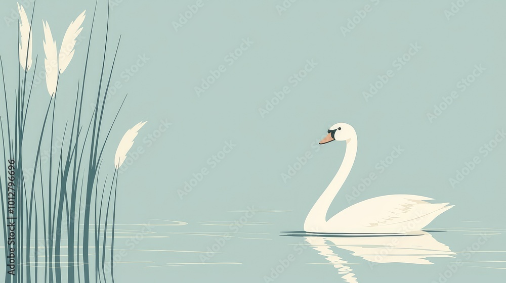 Obraz premium A serene scene featuring a graceful swan gliding on calm waters, with elegant reeds in a tranquil environment.