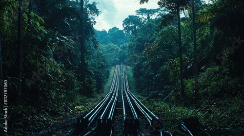 A serene view of railway tracks winding through lush jungle greenery, evoking a sense of adventure and exploration. photo