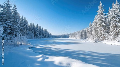 A serene winter landscape featuring snow-covered trees and a frozen river under a clear blue sky.