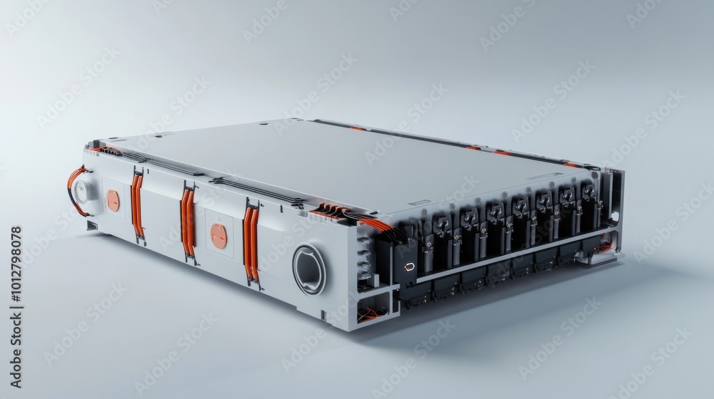A high-capacity EV battery module with detailed cell structure and connectors, isolated on white background A high-capacity EV battery module with detailed cell structure and connectors, isolated on white background
