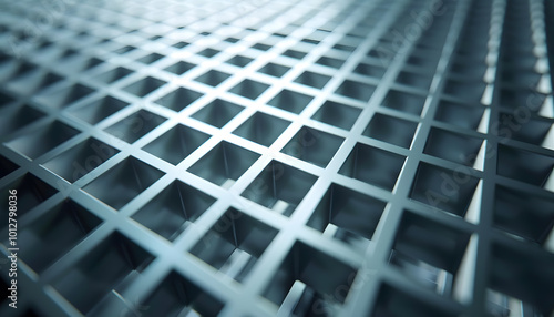 Close-up view of a geometric metal grid with shiny surfaces reflecting light, showcasing its intricate design and structure.