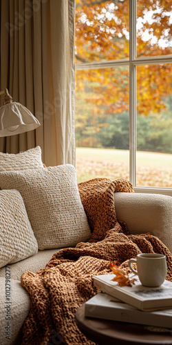 A cozy corner of the house, perfectly suited for autumn relaxation. AI generative. photo