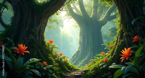 Landscapes Background, Tropical Lush Forrest with Towering Tree and Orange Flowers