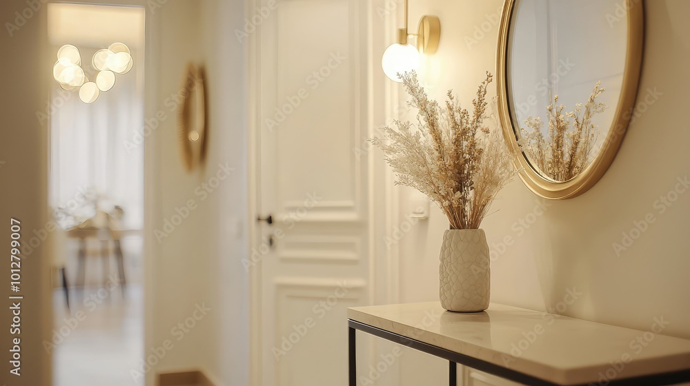 A stylish hallway featuring a mirror, decorative vase with flowers, and a warm ambiance, perfect for home interior inspiration. A stylish hallway featuring a mirror, decorative vase with flowers, and a warm ambiance, perfect for home interior inspiration.