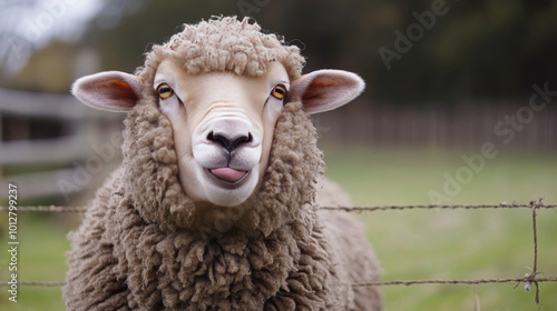 A sheep with a funny expression, sticking its tongue out. photo