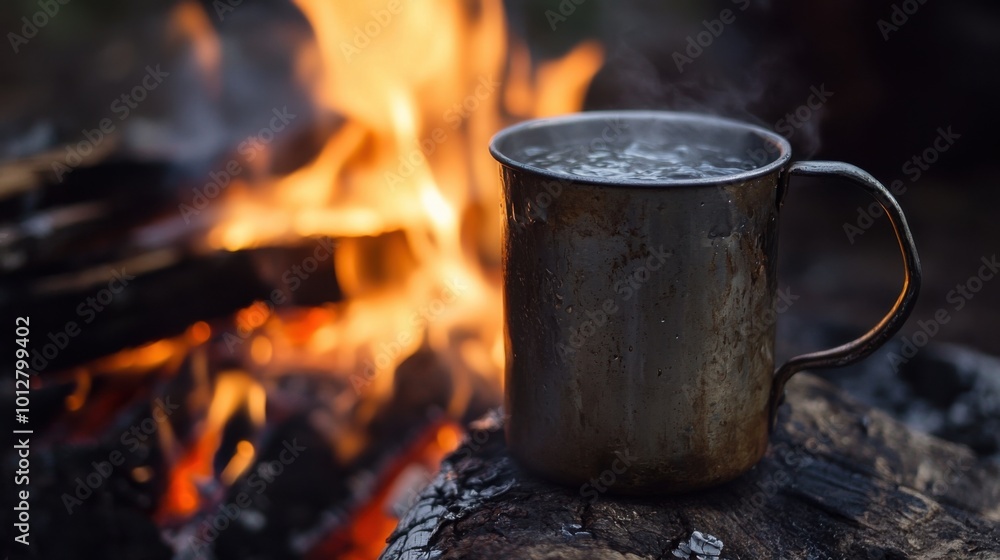 Metal mug on the fire in the forest. Camping concept. Metal mug on the fire in the forest. Camping concept.