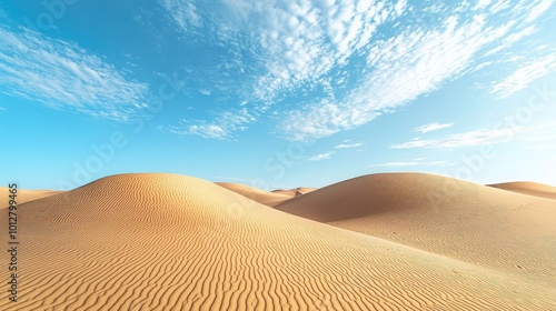 A tranquil desert landscape showcasing gentle sand dunes under a clear blue sky, perfect for nature and travel themes. photo