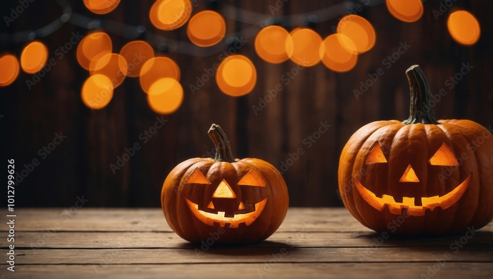 Three jack-o'-lanterns on a wooden surface with string lighting, Halloween ambiance Three jack-o'-lanterns on a wooden surface with string lighting, Halloween ambiance