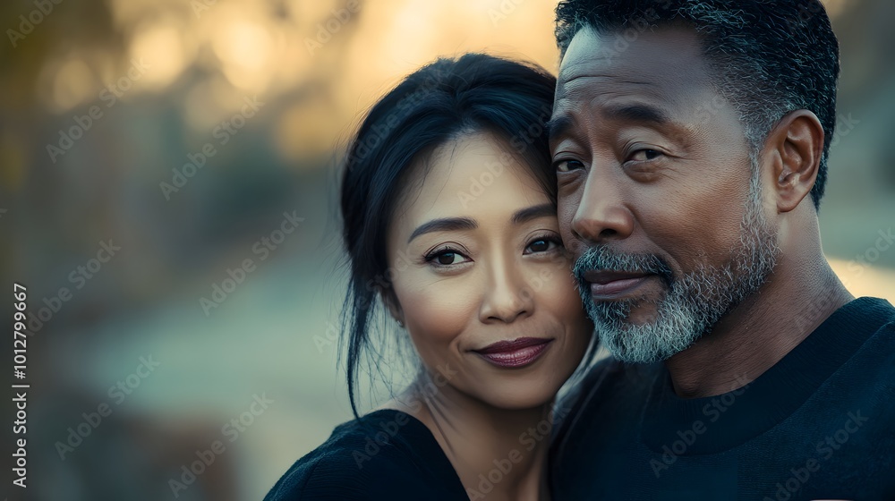 A mature African American and Asian couple displaying love and affection, showcasing the beautiful connection between individuals of different racial backgrounds A mature African American and Asian couple displaying love and affection, showcasing the beautiful connection between individuals of different racial backgrounds