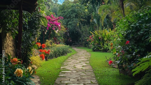 A tranquil garden path surrounded by vibrant flowers and lush greenery, perfect for relaxation and nature walks.