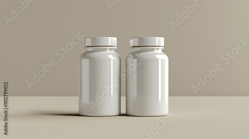 Two blank white pill bottles on a light brown surface, ready to be filled with your brand's product.