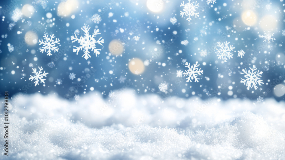 Fototapeta premium A snowy winter scene with falling snow, perfect for a Christmas background. The sky is filled with snowflakes of all shapes and sizes, while snowdrifts cover the ground.