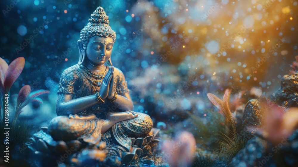 A serene Buddha statue surrounded by flowers and a mystical atmosphere. A serene Buddha statue surrounded by flowers and a mystical atmosphere.