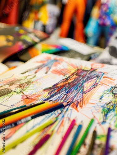 Close-Up of Designer's Sketchbook with Colorful Drawings