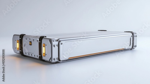 A modern EV battery module with durable casing and power connectors, isolated on white background