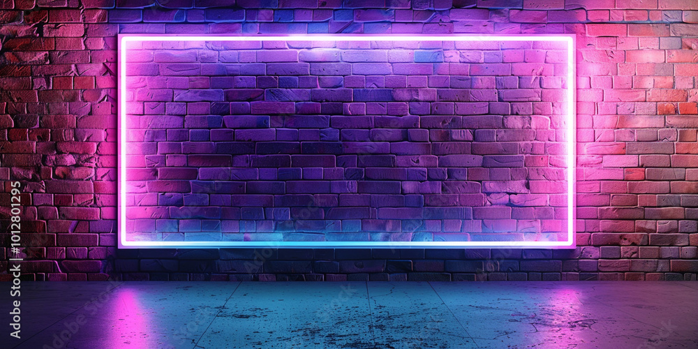 Brick wall background neon light Neon room 3d render. Brick wall background neon light Neon room 3d render.