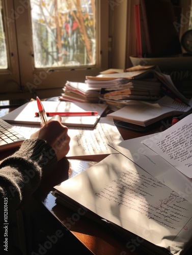 Writer Revising Draft with Red Pen and Natural Light