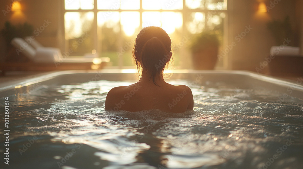 beautiful, slender young woman relaxes in a luxurious hot tub, surrounded by soothing water and warm ambiance. The scene conveys tranquility, self-care, and the celebration of inner beauty beautiful, slender young woman relaxes in a luxurious hot tub, surrounded by soothing water and warm ambiance. The scene conveys tranquility, self-care, and the celebration of inner beauty