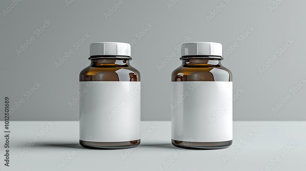 Two amber glass bottles with white labels and white caps on a white surface. Two amber glass bottles with white labels and white caps on a white surface.