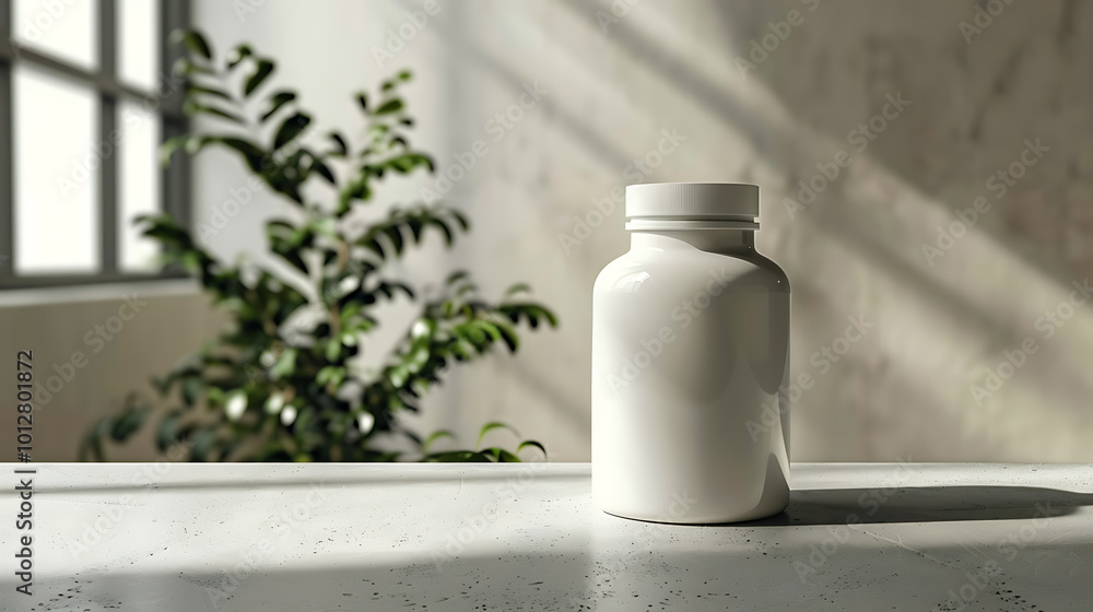 A white pill bottle sits on a white table in front of a window with a plant in the background, bathed in sunlight. A white pill bottle sits on a white table in front of a window with a plant in the background, bathed in sunlight.