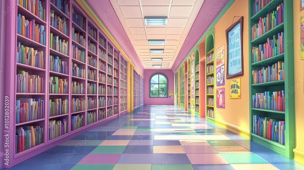 A vibrant library hallway filled with colorful bookshelves, inviting readers into a world of knowledge and imagination. A vibrant library hallway filled with colorful bookshelves, inviting readers into a world of knowledge and imagination.
