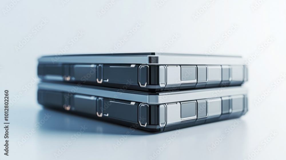 A sleek and modern EV battery module with multiple cells stacked together, isolated on white A sleek and modern EV battery module with multiple cells stacked together, isolated on white