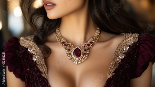 Captivating closeup of a golden necklace with a ruby pendant, showcased on a model with a low-cut deep red dress. The rich hues and luxurious details create an enchanting visual.