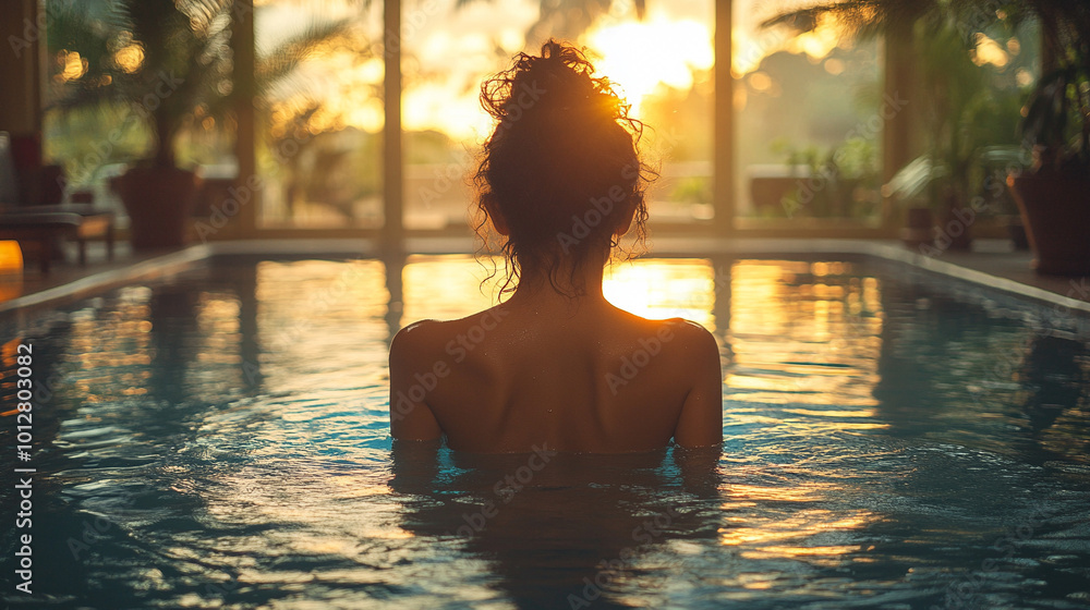 beautiful, slender young woman relaxes in a luxurious hot tub, surrounded by soothing water and warm ambiance. The scene conveys tranquility, self-care, and the celebration of inner beauty beautiful, slender young woman relaxes in a luxurious hot tub, surrounded by soothing water and warm ambiance. The scene conveys tranquility, self-care, and the celebration of inner beauty