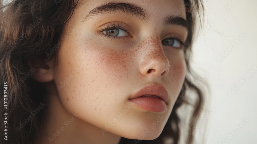 Close-up of a teen girl with mild acne, thoughtful expression, looking slightly away from the camera, against a simple, soft backdrop Close-up of a teen girl with mild acne, thoughtful expression, looking slightly away from the camera, against a simple, soft backdrop