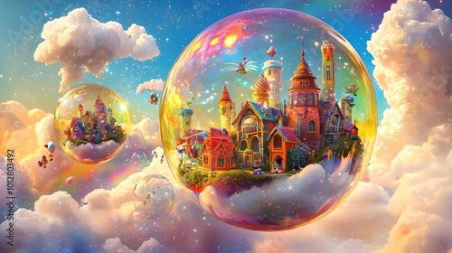 A whimsical fantasy landscape featuring a vibrant city within bubbles, nestled among fluffy clouds and radiant colors.