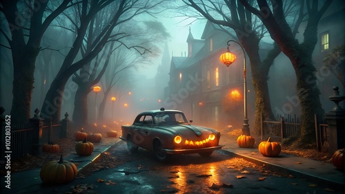 a car on the road in city halloween