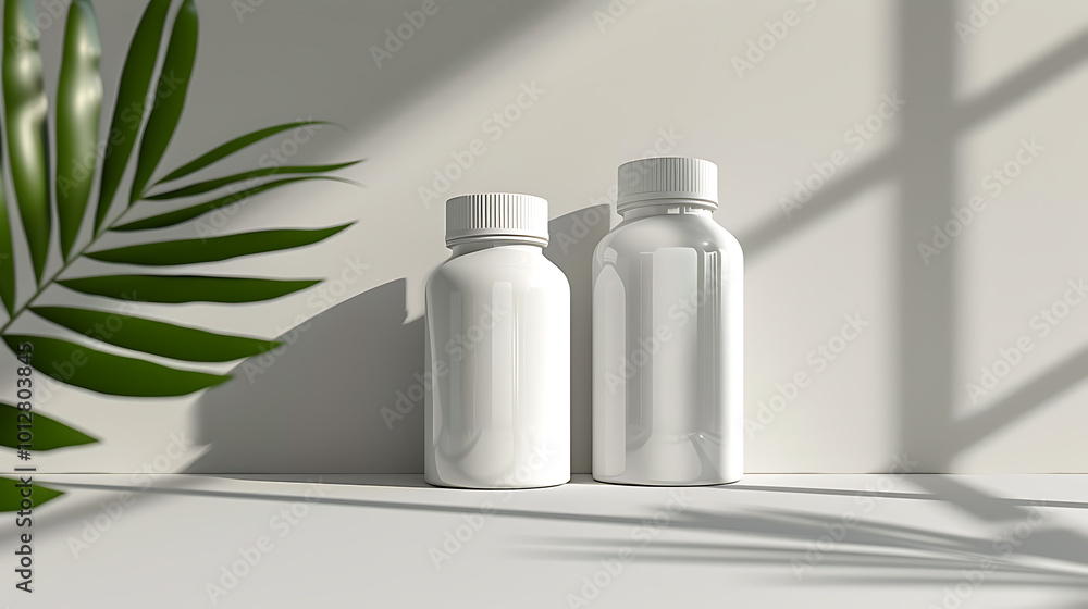 Two white bottles sit on a white surface with a leafy green branch in the background. Sunlight casts shadows across the bottles. Two white bottles sit on a white surface with a leafy green branch in the background. Sunlight casts shadows across the bottles.