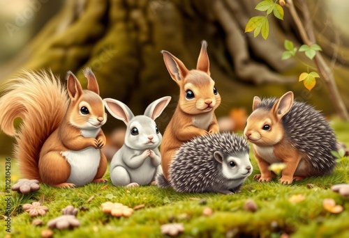 Cute woodland creatures like squirrels rabbits and hedgehogs photo