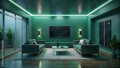 Wallpaper Mural Minimalist interior design of modern entertainment room with dark green tone Torontodigital.ca