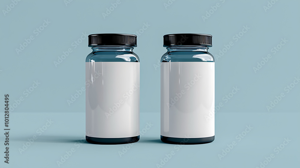 Two glass bottles with black lids and white labels, perfect for showcasing your product. Two glass bottles with black lids and white labels, perfect for showcasing your product.
