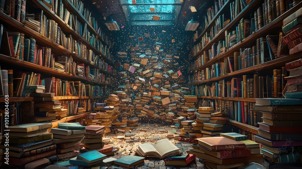 An enchanting library filled with scattered books, creating a magical and chaotic atmosphere. A perfect scene for book lovers. An enchanting library filled with scattered books, creating a magical and chaotic atmosphere. A perfect scene for book lovers.