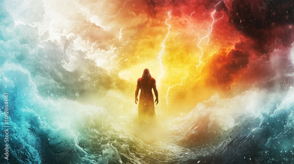 Fototapeta premium An ethereal figure emerges from turbulent waters, surrounded by vibrant colors and dramatic lightning, evoking a surreal atmosphere.