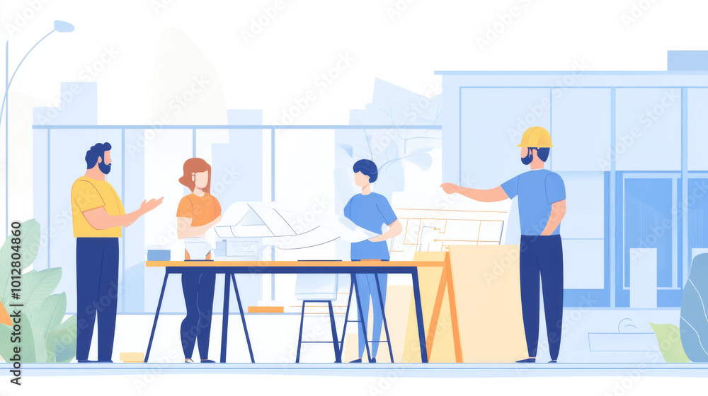 An architect and engineer team, with people from different backgrounds, work together. They're looking at a blueprint, shaking hands, and talking about how to build a building. An architect and engineer team, with people from different backgrounds, work together. They're looking at a blueprint, shaking hands, and talking about how to build a building.