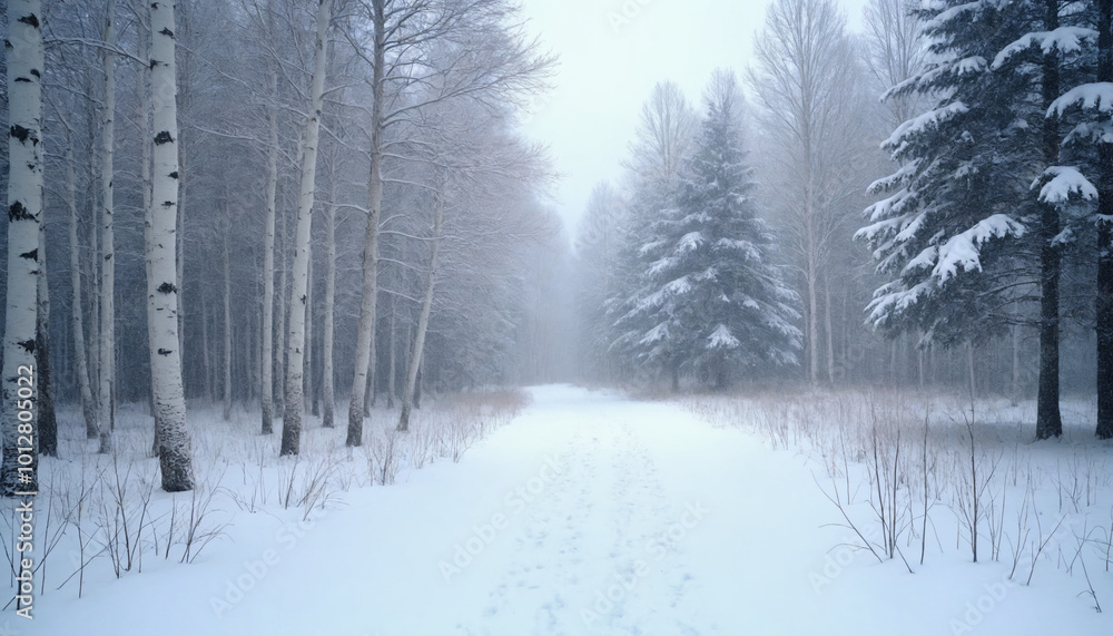 Misty winter pathway through a snow-covered forest with frosty trees Misty winter pathway through a snow-covered forest with frosty trees