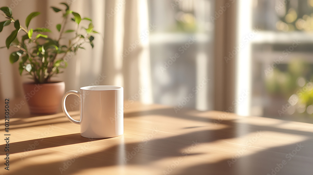 A clean white mug mockup set against a minimalistic wooden desk, with soft sunlight filtering in through the window in the background A clean white mug mockup set against a minimalistic wooden desk, with soft sunlight filtering in through the window in the background
