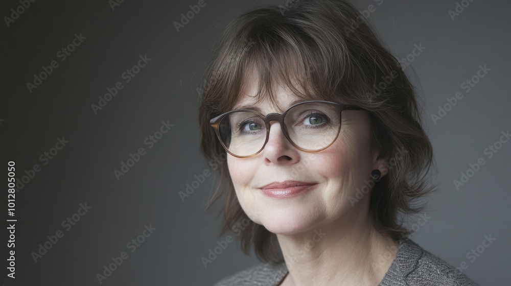 Closeup of a middle-aged woman in glasses, gently smiling with a soft gaze. The neutral grey background emphasizes her character, providing a clean canvas for copy space. Closeup of a middle-aged woman in glasses, gently smiling with a soft gaze. The neutral grey background emphasizes her character, providing a clean canvas for copy space.