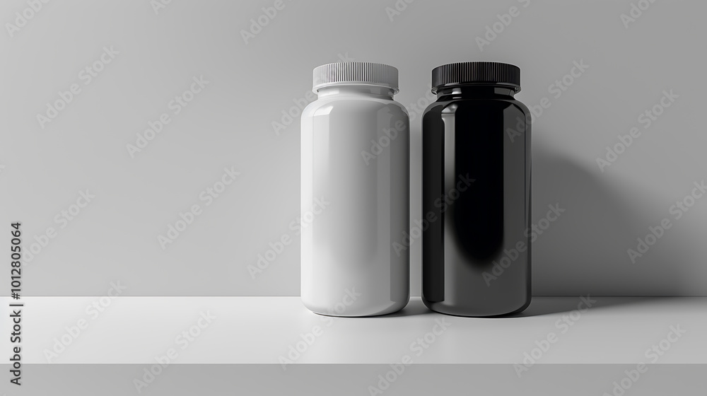 Two pill bottles, one white and one black, sit on a shelf against a gray background. The bottles are ready for your product label design. Two pill bottles, one white and one black, sit on a shelf against a gray background. The bottles are ready for your product label design.